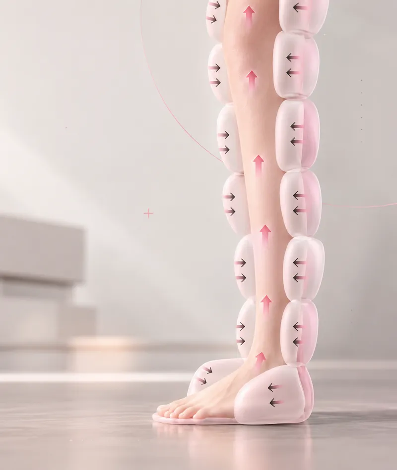 Jambe dans la botte : les chambres d’air compriment la jambe et font remonter la circulation du pied vers la cuisse
